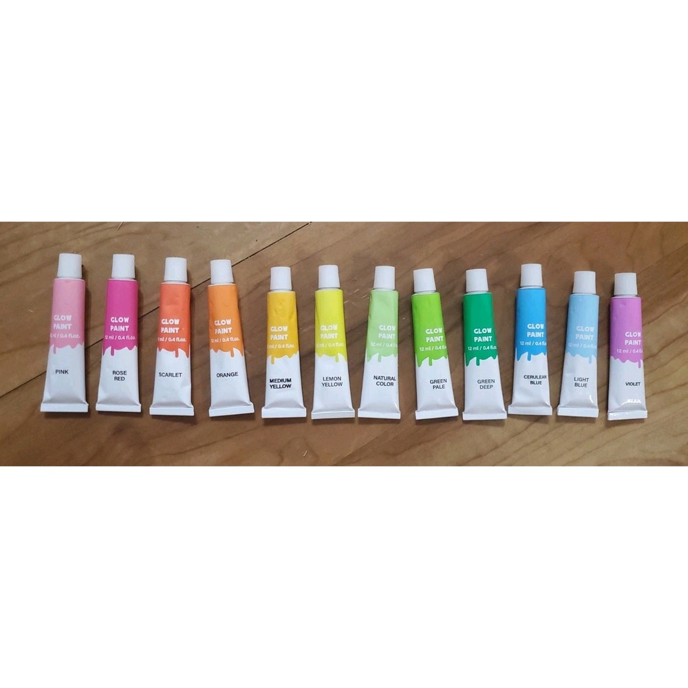 Glow in the Dark Acrylic Paint Set 12 Colors 12ml Tubes Sealed New Art Craft